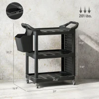 HOMCOM 3-Tier Rolling Tool Cart, 200 LBS Capacity Plastic Utility Cart with Side Shelf and Storage Bucket, Black(m-3)