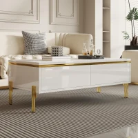 Modern High-Gloss Coffee Table with Hidden Dual Drawers, Stain-Resistant Center Table with Metal Legs, 39.5'' L x 19.5'' W x 14'' H, White(m-1)