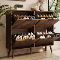Modern Shoe Cabinet with Solid Tapered Wood Legs, Walnut Shoe Organizer with Double-Tier Storage, 41.5'' L x 9.5'' W x 36'' H, Walnut(m-9)
