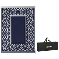 Outsunny 9' x 12' Outdoor RV Rug, Reversible Patio Floor Mat with Carry Bag, Gourd Border, Blue and White(m-9)