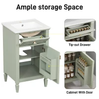 Functional Bathroom Vanity with Ceramic Sink and Tip-Out Top Drawer, Perfect Cabinet for Compact Bathrooms, 20" L x 18.5" W x 33.5" H, Green(m-6)