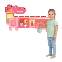 Qaba Busy Board Panels wall mounted Montessori Sensory Toys dinosaur center 87 x 52 x 5.5 cm Pink(m-13)