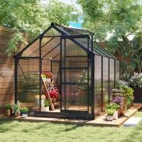 Outsunny Polycarbonate Greenhouse, Heavy Duty Outdoor Aluminum Walk-in Green House Kit Vent Door, 6.2'x8.3'x6.6' Gray(m-2)