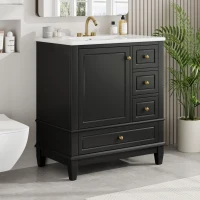 Stylish Bathroom Vanity with Easy-Clean Ceramic Sink and 3 Pre-Drilled Holes, Ideal Cabinet for Modern Bathrooms, 30" L x 18.5" W x 33.5" H, Black(m-10)