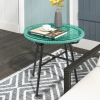 Outsunny Rattan Side Table, Round Outdoor Table, with Round PE Rattan and Tempered Glass Table Top for Patio, Garden, Light Green(m-1)