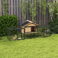 PawHut Wooden Rabbit Hutch Outdoor, 85" Large Bunny Cage with Steel Run, Removable Plastic Tray, Asphalt Roof, Ramp(m-10)