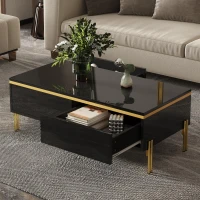 Modern High-Gloss Coffee Table with Hidden Dual Drawers, Stain-Resistant Center Table with Metal Legs, 39.5'' L x 19.5'' W x 14'' H, Black(m-8)