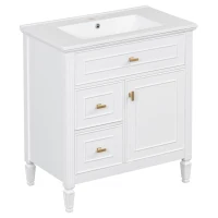 Spacious Vanity with Tip-Out Top Drawer and 2 Left-Side Drawers, Ideal Cabinet for Small-To-Medium Bathrooms, 30" L x 18.5" W x 33.5" H, White(m-14)