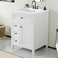 Sleek Bathroom Vanity with Tip-Out Top Drawer and 3 Pull-Out Drawers, Stylish Cabinet with Freestanding Design, 24" L x 18.5" W x 34" H, White(m-1)