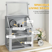 PawHut 3 Tier Wooden Hamster Cage w/ Detachable Bottom, Hut, Seesaw, Exercise Wheel, Ramps, 24" x 16" x 29.5"(m-4)