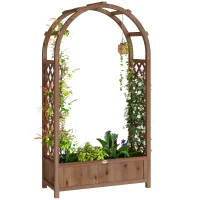 Outsunny Raised Garden Bed with Arch Trellis, Freestanding Garden Planter Box, Outdoor Planter Container, Dark Brown Wood Effect(m-9)