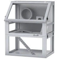 PawHut 3 Tier Wooden Hamster Cage w/ Detachable Bottom, Hut, Seesaw, Exercise Wheel, Ramps, 24" x 16" x 29.5"(m-1)