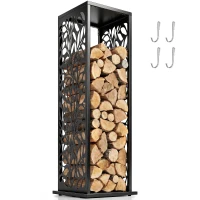 Outsunny 15 Inch Firewood Rack Outdoor Indoor, Cutout Galvanized Steel Firewood Holder with Hooks, Adjustable Pads, Black(m-11)