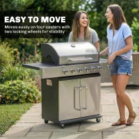 Outsunny 6 Burner Propane Gas Grill with Side Burner, Barbecue Grill with Cast Iron Grates, Wheels, Side Tables, Cabinet(m-8)