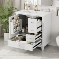 Stylish Bathroom Vanity with Easy-Clean Ceramic Sink and 3 Pre-Drilled Holes, Ideal Cabinet for Modern Bathrooms, 30" L x 18.5" W x 33.5" H, White(m-10)
