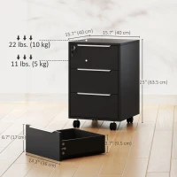 HOMCOM 3 Drawer File Cabinet with Wheels, Vertical Filing Cabinet with Lock, Black(m-3)