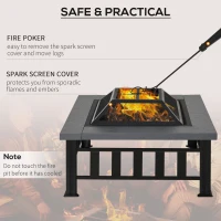 Outsunny 34" Outdoor Fire Pit Square Steel Wood Burning Firepit Bowl with Spark Screen, Waterproof Cover, Log Grate, Poker for Backyard, Camping, BBQ, Bonfire(m-5)