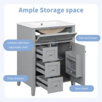 Sleek Bathroom Vanity with Tip-Out Top Drawer and 3 Pull-Out Drawers, Stylish Cabinet with Freestanding Design, 24" L x 18.5" W x 34" H, Gray(m-5)