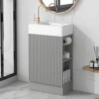Practical Bathroom Vanity with 2-Tier Storage Shelves and Toilet Paper Holder, Compact Cabinet for Small Bathrooms, 18.5" L x 10.5" W x 33" H, Gray(m-1)