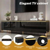 Modern High-Gloss TV Stand with Built-In Cable Management, Metal Legged TV Cabinet with Easy-Clean Surface, 67'' L x 15'' W x 19.5'' H, Black(m-4)