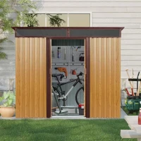 8ft x 6ft Outdoor Metal Storage Shed with Lockable Sliding Doors, Peaked Roof Metal House for Garden Tools, 93.5'' L x 68.5'' W x 77'' H, Coffee(m-1)