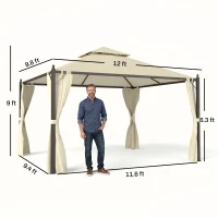 Outsunny 10' x 12' Outdoor Patio Gazebo with Curtains, Two-Tier Roof, Beige(m-3)