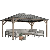 Outsunny 12' x 16' Hardtop Gazebo with Galvanized Steel Roof, UPF50+ Wood Permanent Pavilion with Clear Roof Top, Light Walnut(m-11)