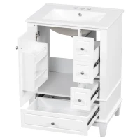 Spacious Bathroom Vanity with 3 Drawers and One-Door Cabinet, Freestanding Cabinet for Small Bathrooms, 24" L x 18.5" W x 34" H, White(m-15)