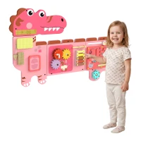 Qaba Busy Board Panels wall mounted Montessori Sensory Toys dinosaur center 87 x 52 x 5.5 cm Pink(m-2)