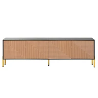 Modern TV Cabinet with Spacious Fully Enclosed Media Storage, Handle-Free 4-Door TV Stand with Slim Metal Legs, 70.5'' L x 14'' W x 21'' H, Black(m-2)