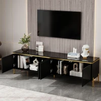 Modern High-Gloss TV Stand with Built-In Cable Management, Metal Legged TV Cabinet with Easy-Clean Surface, 67'' L x 15'' W x 19.5'' H, Black(m-8)