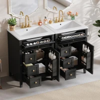 Double Bathroom Vanities with Tip-Out Top Drawer and 3 Pull-Out Drawers, Stylish Cabinets with Freestanding Design, 48" L x 18.5" W x 34" H, Black(m-1)