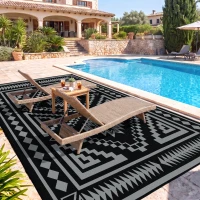 Outsunny Reversible Outdoor Rug, Waterproof Plastic Straw with Carry Bag, 9' x 18', Black & Gray Square Patchwork(m-8)