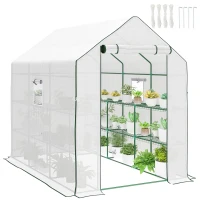 Outsunny Walk-in Greenhouse with 3 Tier, Garden Plant Growhouse with Roll-up Door and Mesh Windows, 140 x 213 x 190 cm, White(m-9)