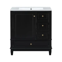 Stylish Bathroom Vanity with Easy-Clean Ceramic Sink and 3 Pre-Drilled Holes, Ideal Cabinet for Modern Bathrooms, 30" L x 18.5" W x 33.5" H, Black(m-2)