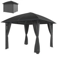Outsunny 10' x 10' Outdoor Hardtop Gazebo Canopy with UV60+ Polycarbonate Roof, Steel Frame, Central Hook, Curtains, Light Grey(m-2)