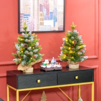 HOMCOM Set of 2 2ft Pre-Lit Artificial Christmas Trees with 20 Warm White Lights and 141 Tips, Burlap Base, Xmas Tree, Green(m-1)