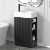 Practical Bathroom Vanity with 2-Tier Storage Shelves and Toilet Paper Holder, Compact Cabinet for Small Bathrooms, 18.5" L x 10.5" W x 33" H, Black(m-1)