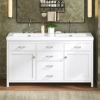59-inch Double Sink Bathroom Vanity with Built-In Overflow, Transitional Bathroom Cabinet with Soft-Close Doors, 59'' L x 19.5'' W x 34'' H, White(m-9)