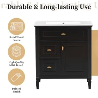 Spacious Vanity with Tip-Out Top Drawer and 2 Left-Side Drawers, Ideal Cabinet for Small-To-Medium Bathrooms, 30" L x 18.5" W x 33.5" H, Black(m-5)