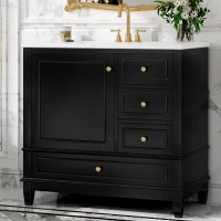 Spacious Bathroom Vanity with 3 Drawers and One-Door Cabinet, Freestanding Cabinet for Small Bathrooms, 36" L x 18.5" W x 33.5" H, Black(m-1)