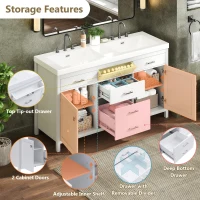 59-inch Bathroom Vanity Cabinet with Soft-Close Hinges, Divider Drawer Storage Console with Sturdy MDF Construction, 58.5'' L x 19'' W x 31.5'' H, White(m-5)
