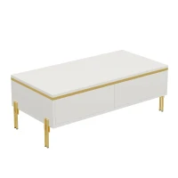 Modern High-Gloss Coffee Table with Hidden Dual Drawers, Stain-Resistant Center Table with Metal Legs, 39.5'' L x 19.5'' W x 14'' H, White(m-12)