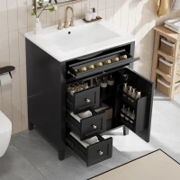 Sleek Bathroom Vanity with Tip-Out Top Drawer and 3 Pull-Out Drawers, Stylish Cabinet with Freestanding Design, 24" L x 18.5" W x 34" H, Black(m-9)