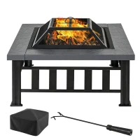 Outsunny 34" Outdoor Fire Pit Square Steel Wood Burning Firepit Bowl with Spark Screen, Waterproof Cover, Log Grate, Poker for Backyard, Camping, BBQ, Bonfire(m-1)