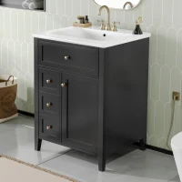Sleek Bathroom Vanity with Tip-Out Top Drawer and 3 Pull-Out Drawers, Stylish Cabinet with Freestanding Design, 24" L x 18.5" W x 34" H, Black(m-1)