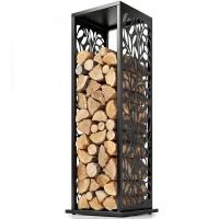 Outsunny 15 Inch Firewood Rack Outdoor Indoor, Cutout Galvanized Steel Firewood Holder with Hooks, Adjustable Pads, Black(m-1)