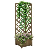 Outsunny Raised Garden Bed Wood Planter with Trellis for Vine Climbing, 16" x 16" x 57", Carbonized(m-2)