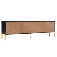 Modern TV Cabinet with Spacious Fully Enclosed Media Storage, Handle-Free 4-Door TV Stand with Slim Metal Legs, 70.5'' L x 14'' W x 21'' H, Black(m-12)