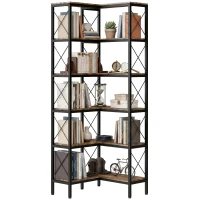HOMCOM 5-Tier L-Shaped Bookshelf, Freestanding Bookcase with Metal Frame, Rustic Brown(m-11)